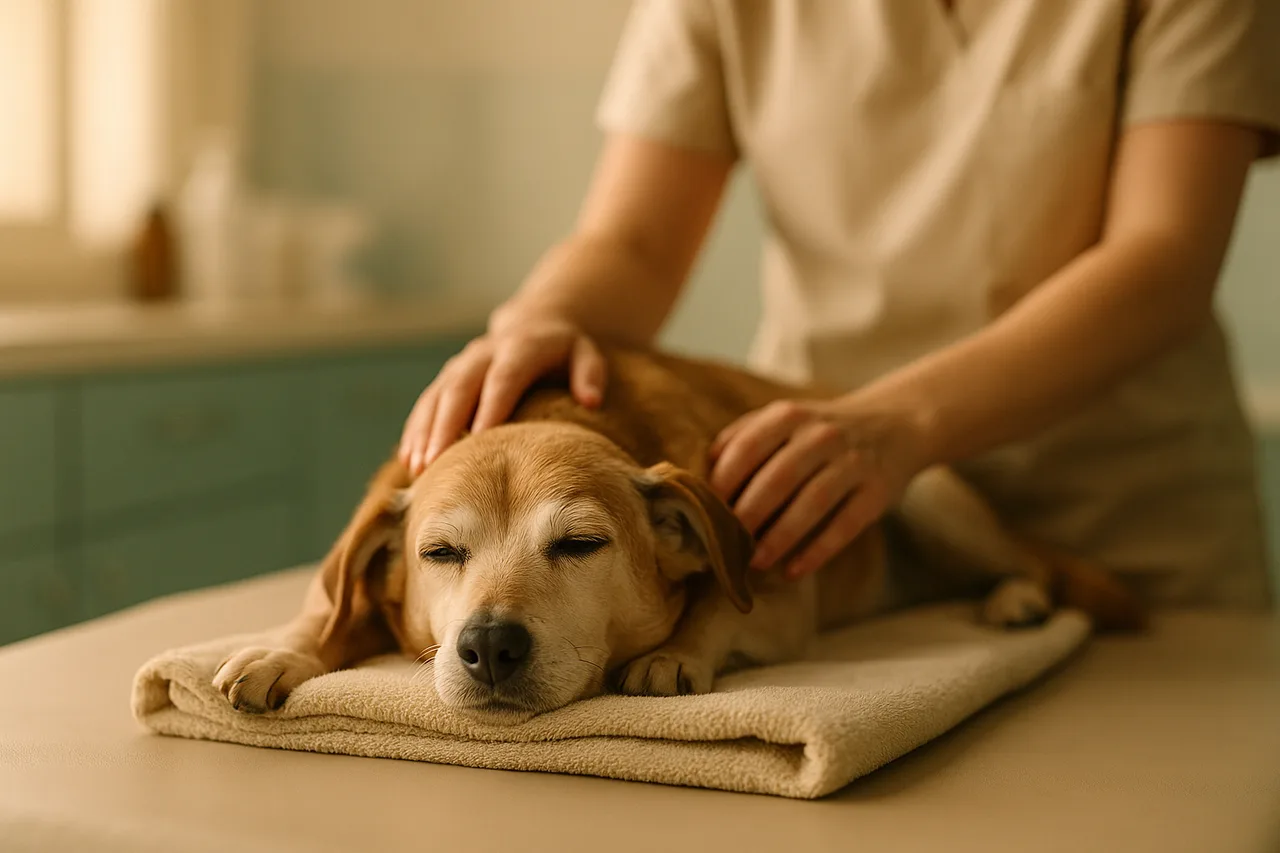 Cão idoso relaxado durante sessão de acupuntura veterinária