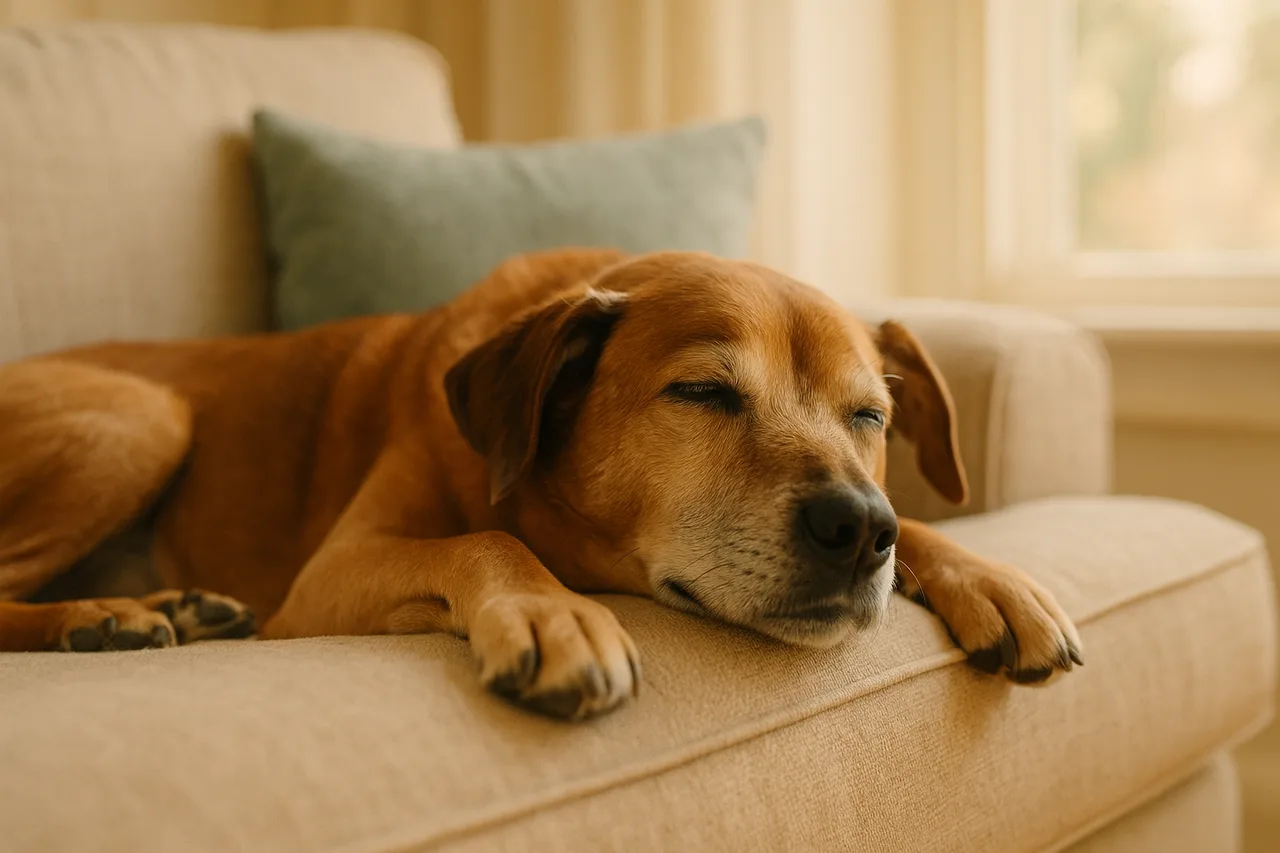 Cão idoso deitado tranquilo, ilustrando o cuidado com dor crônica em pets