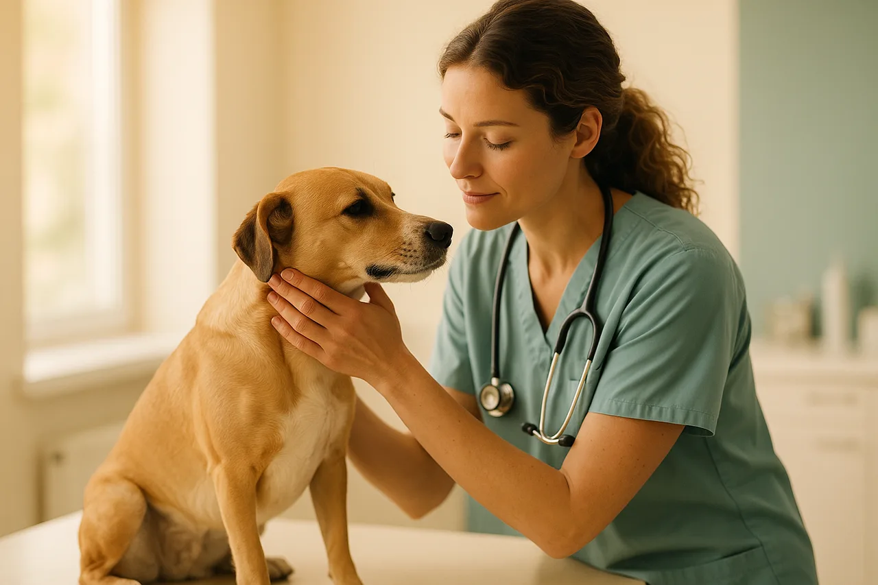 Veterinária examinando com carinho um cão calmo em consultório, ilustrando avaliação e prescrição responsável