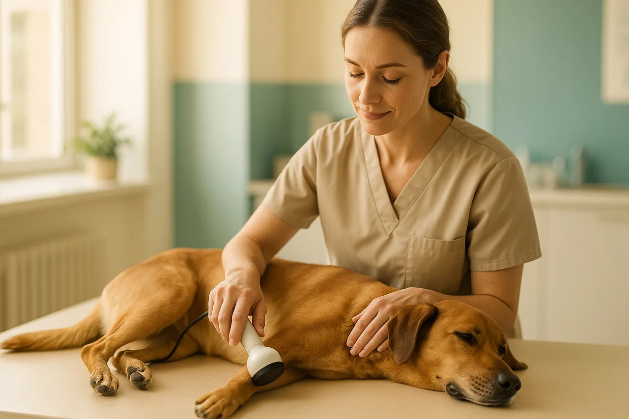 Veterinária aplicando laserterapia na articulação de um cão calmo em consultório