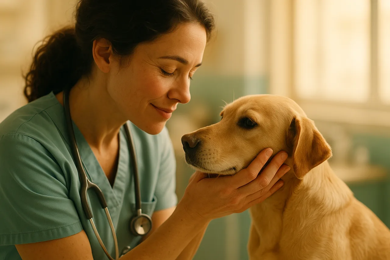 Veterinária acariciando com carinho o rosto de um cão calmo em consultório